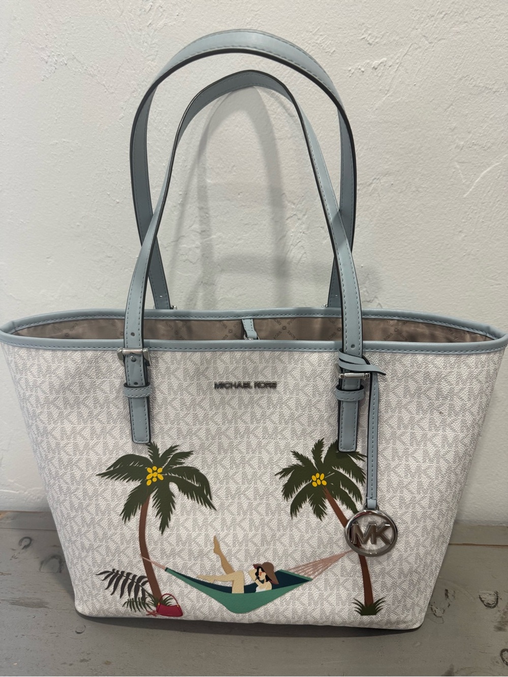 Michael Kors White Tote with Light Blue Trim and Palm Hammock Graphic